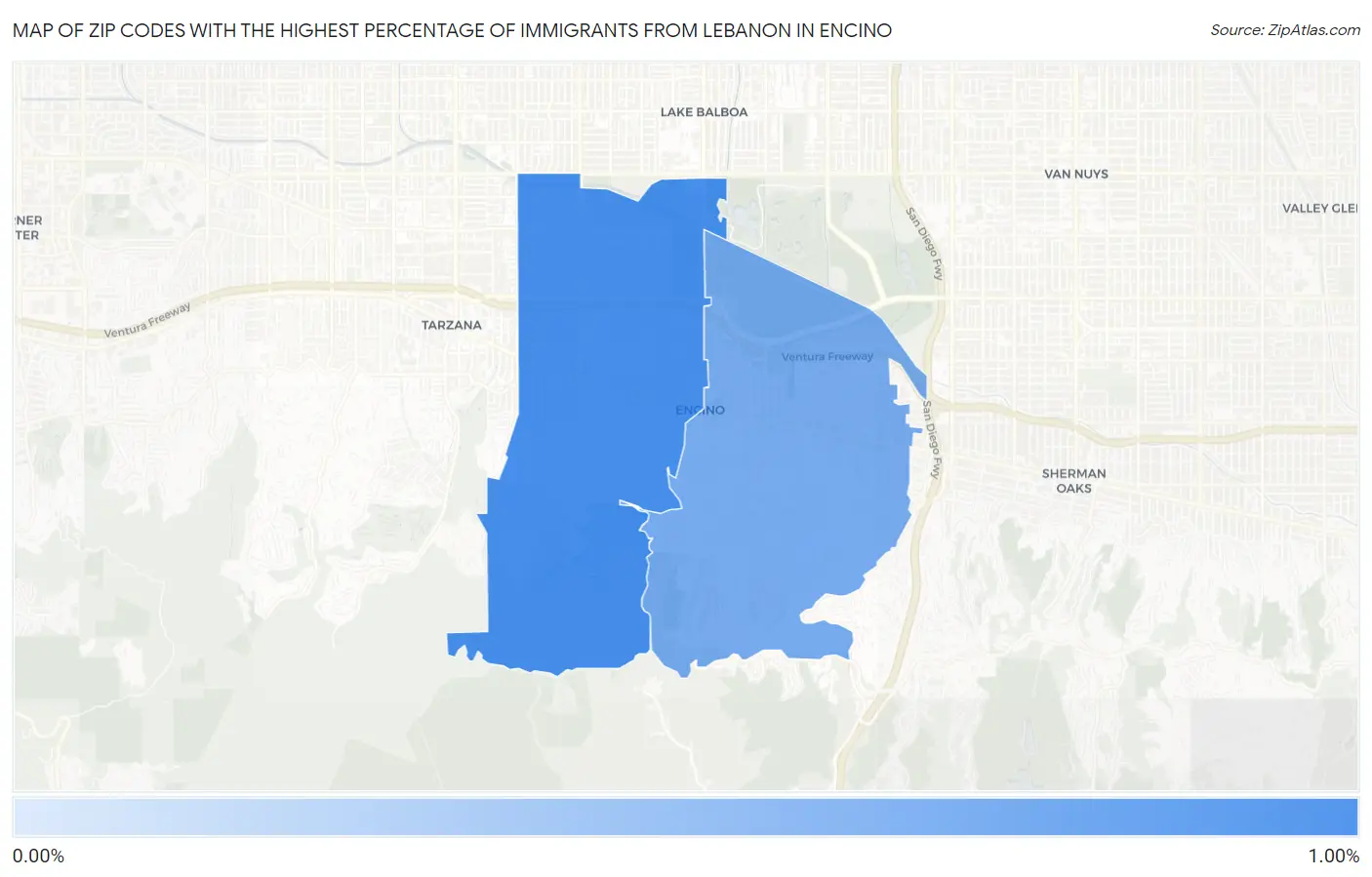 Zip Codes with the Highest Percentage of Immigrants from Lebanon in Encino Map