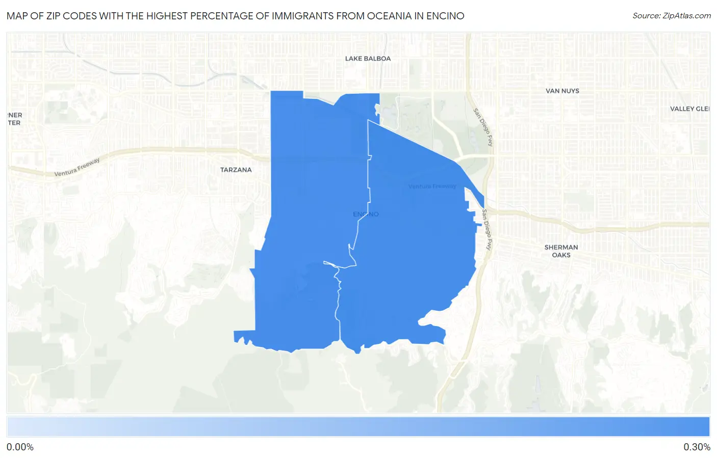 Zip Codes with the Highest Percentage of Immigrants from Oceania in Encino Map