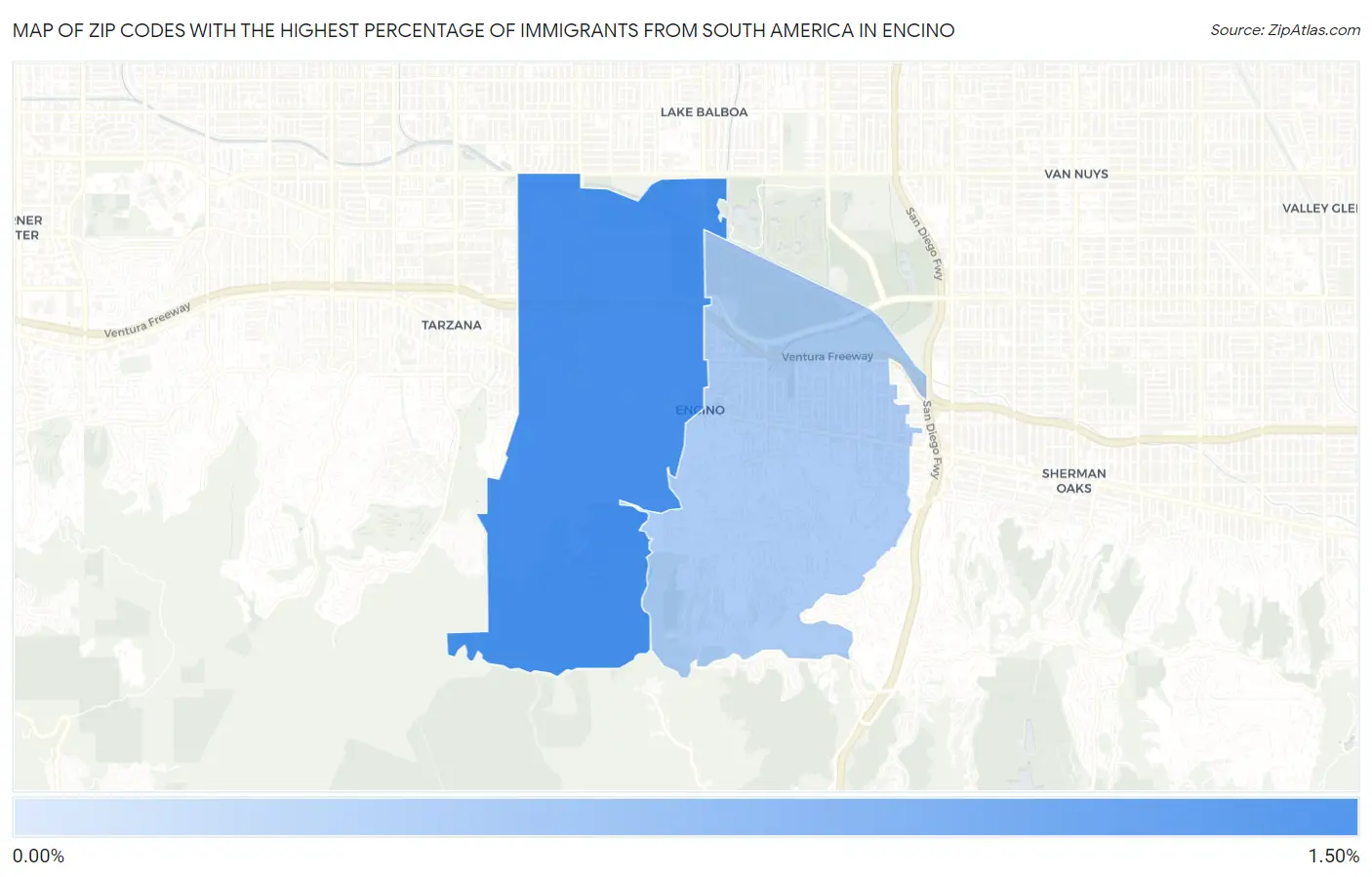 Zip Codes with the Highest Percentage of Immigrants from South America in Encino Map