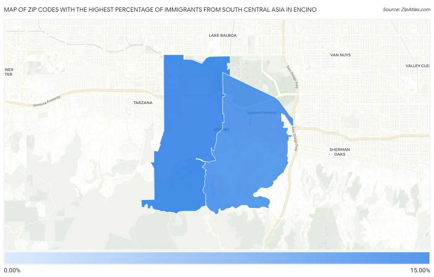 Zip Codes with the Highest Percentage of Immigrants from South Central Asia in Encino Map