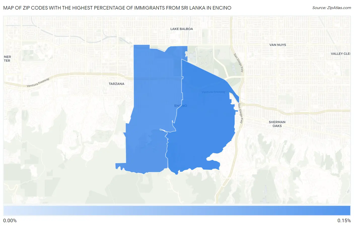 Zip Codes with the Highest Percentage of Immigrants from Sri Lanka in Encino Map