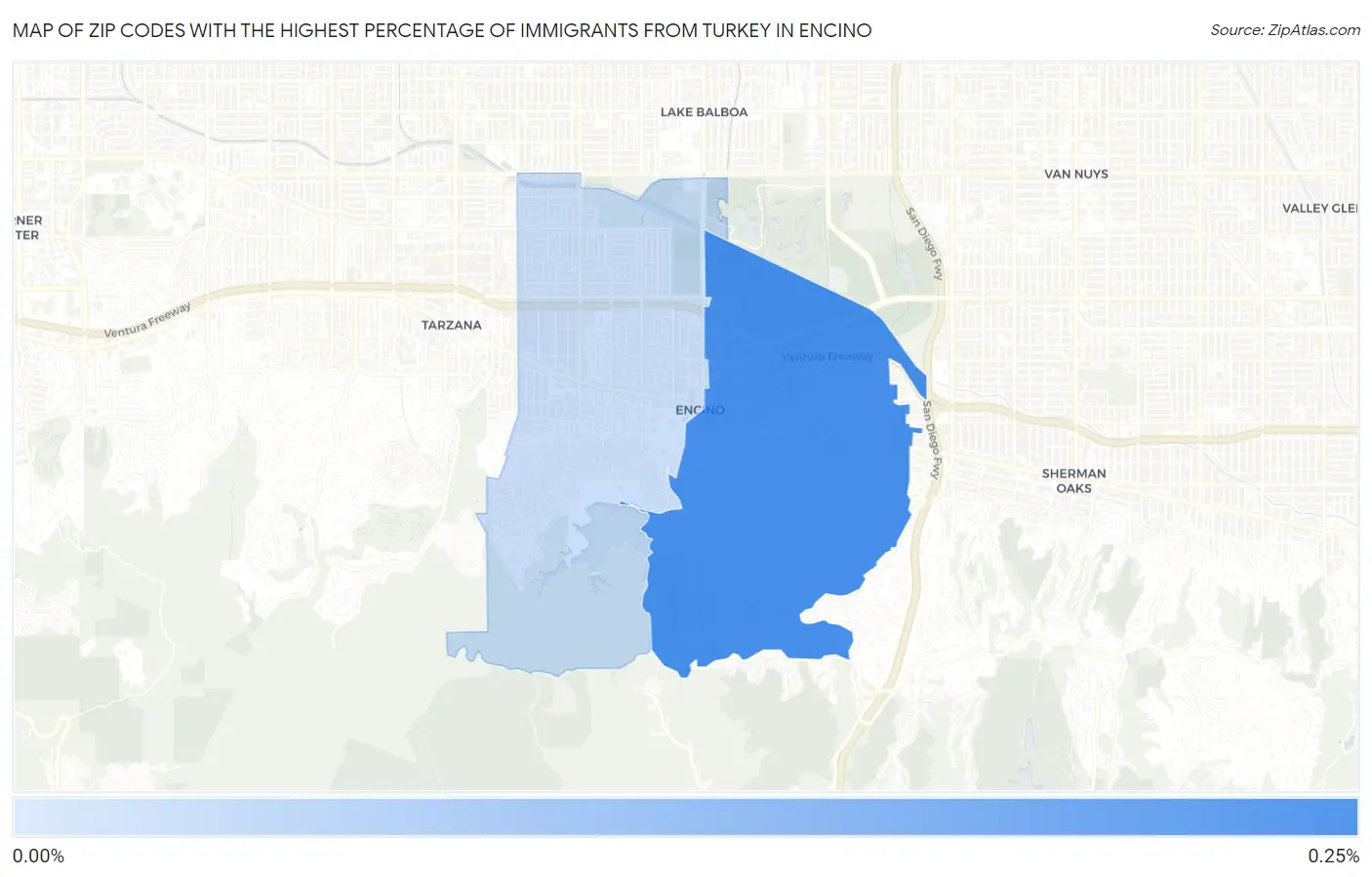 Zip Codes with the Highest Percentage of Immigrants from Turkey in Encino Map