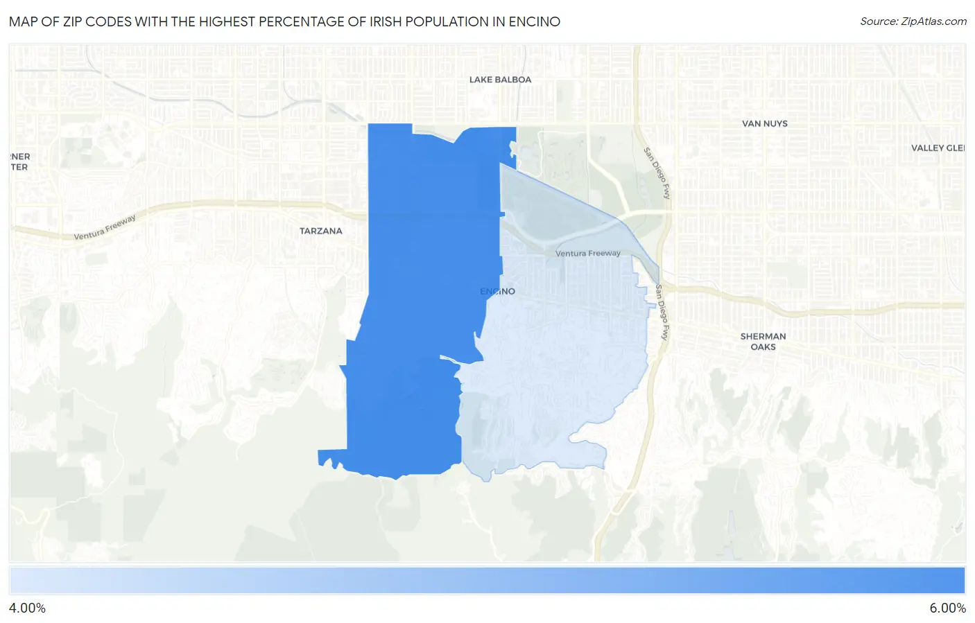 Zip Codes with the Highest Percentage of Irish Population in Encino Map