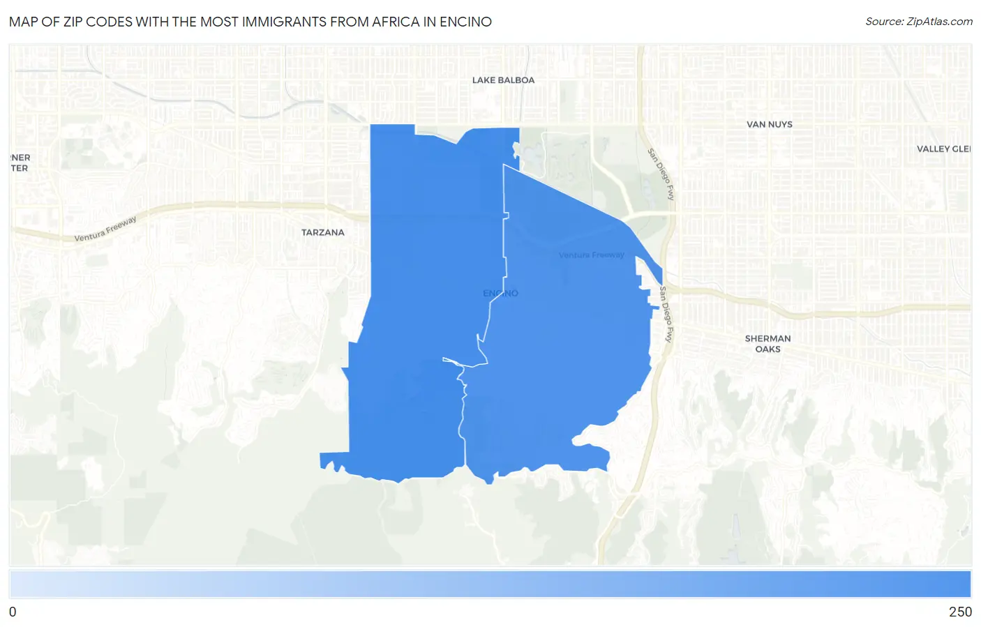 Zip Codes with the Most Immigrants from Africa in Encino Map
