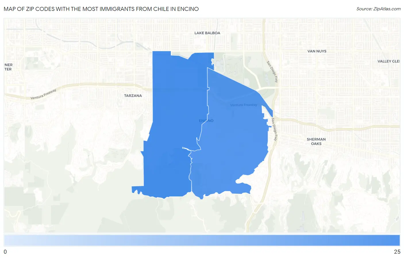 Zip Codes with the Most Immigrants from Chile in Encino Map