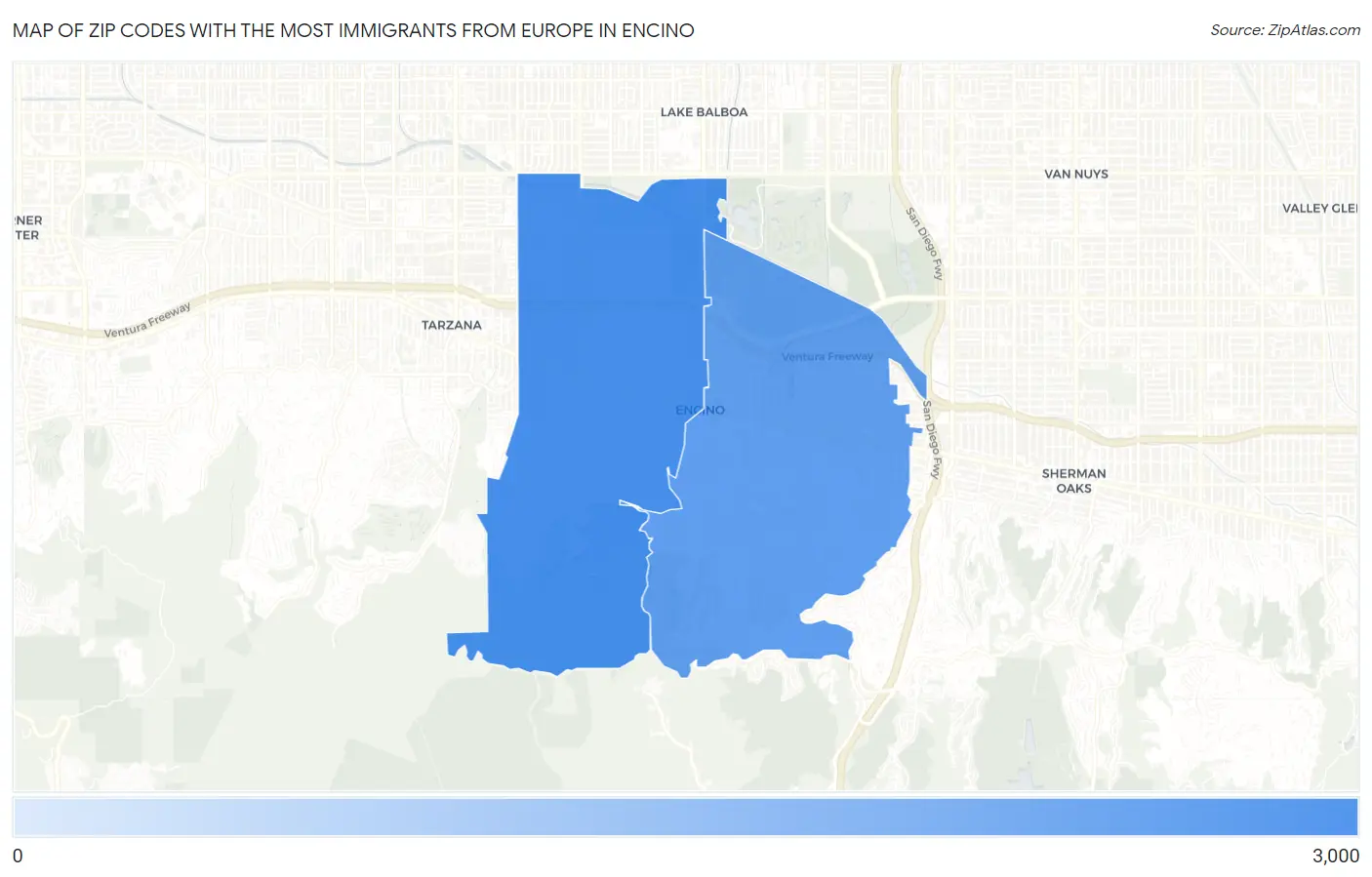 Zip Codes with the Most Immigrants from Europe in Encino Map