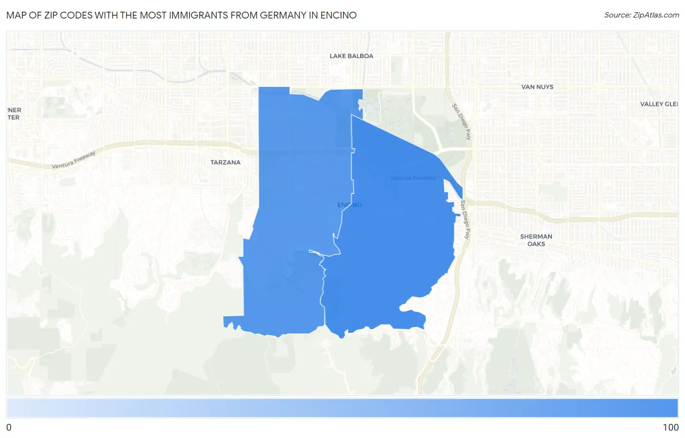 Zip Codes with the Most Immigrants from Germany in Encino Map