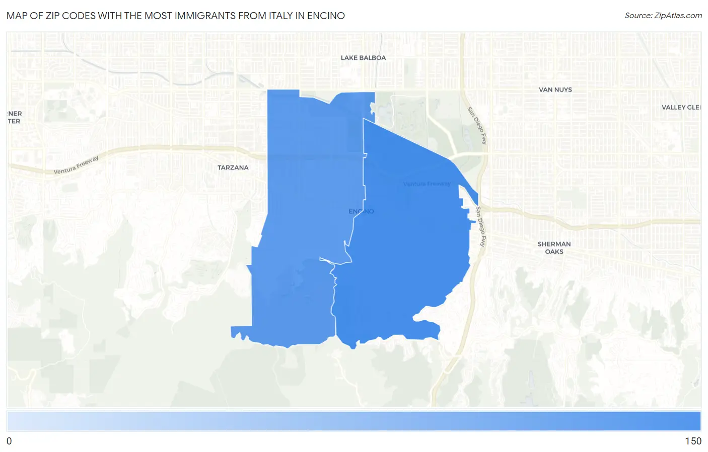 Zip Codes with the Most Immigrants from Italy in Encino Map