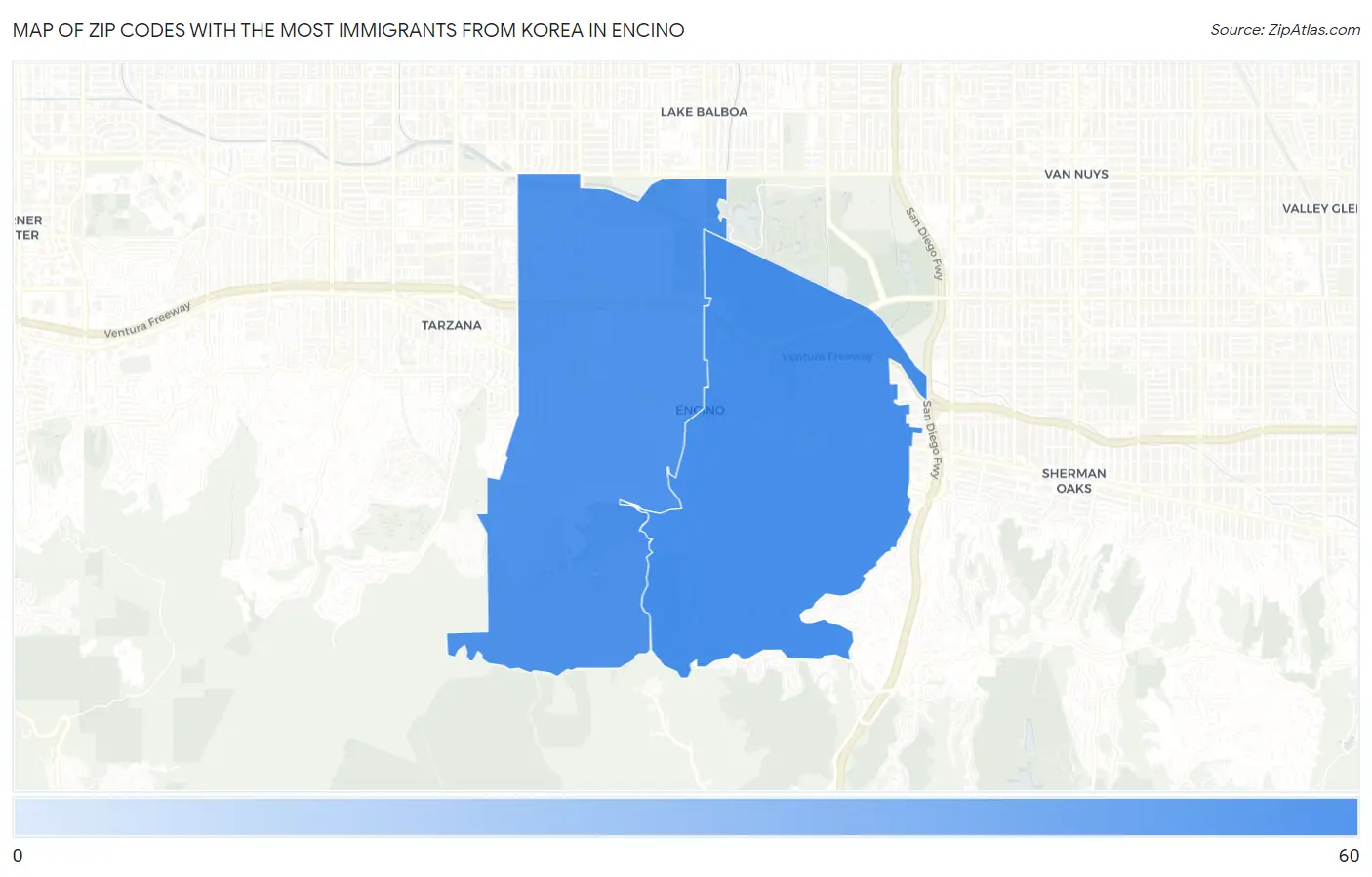Zip Codes with the Most Immigrants from Korea in Encino Map