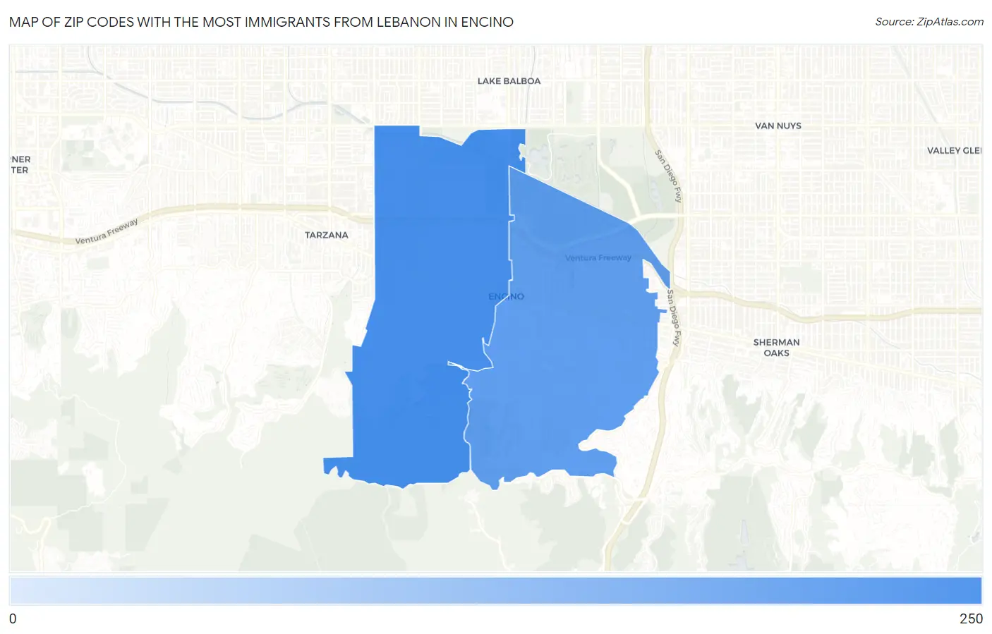 Zip Codes with the Most Immigrants from Lebanon in Encino Map