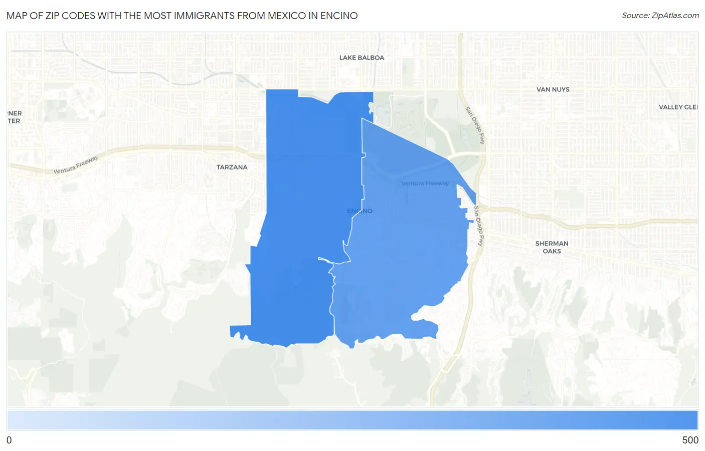 Zip Codes with the Most Immigrants from Mexico in Encino Map