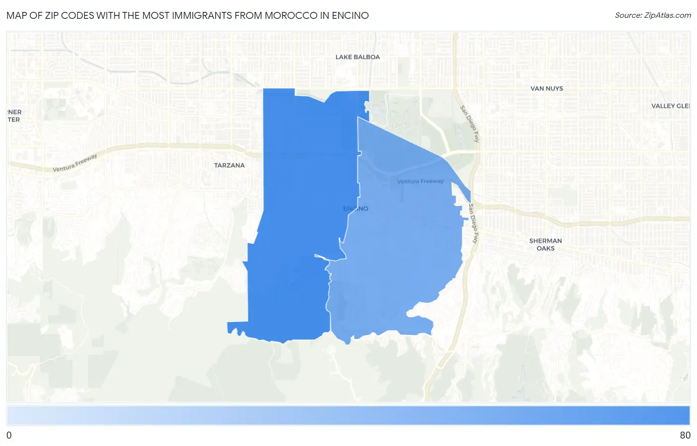 Zip Codes with the Most Immigrants from Morocco in Encino Map
