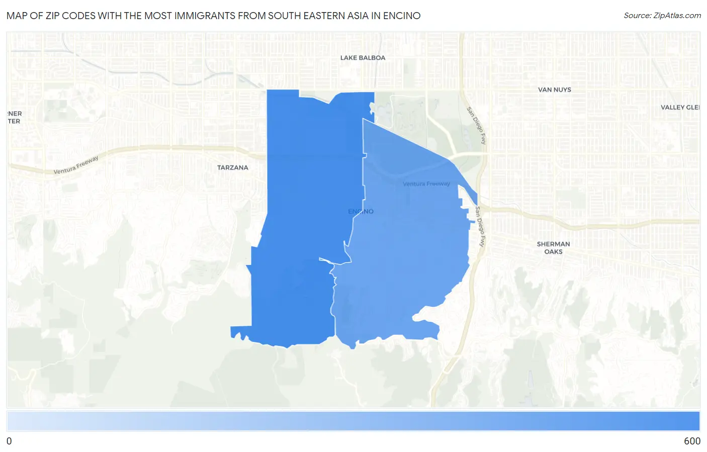 Zip Codes with the Most Immigrants from South Eastern Asia in Encino Map
