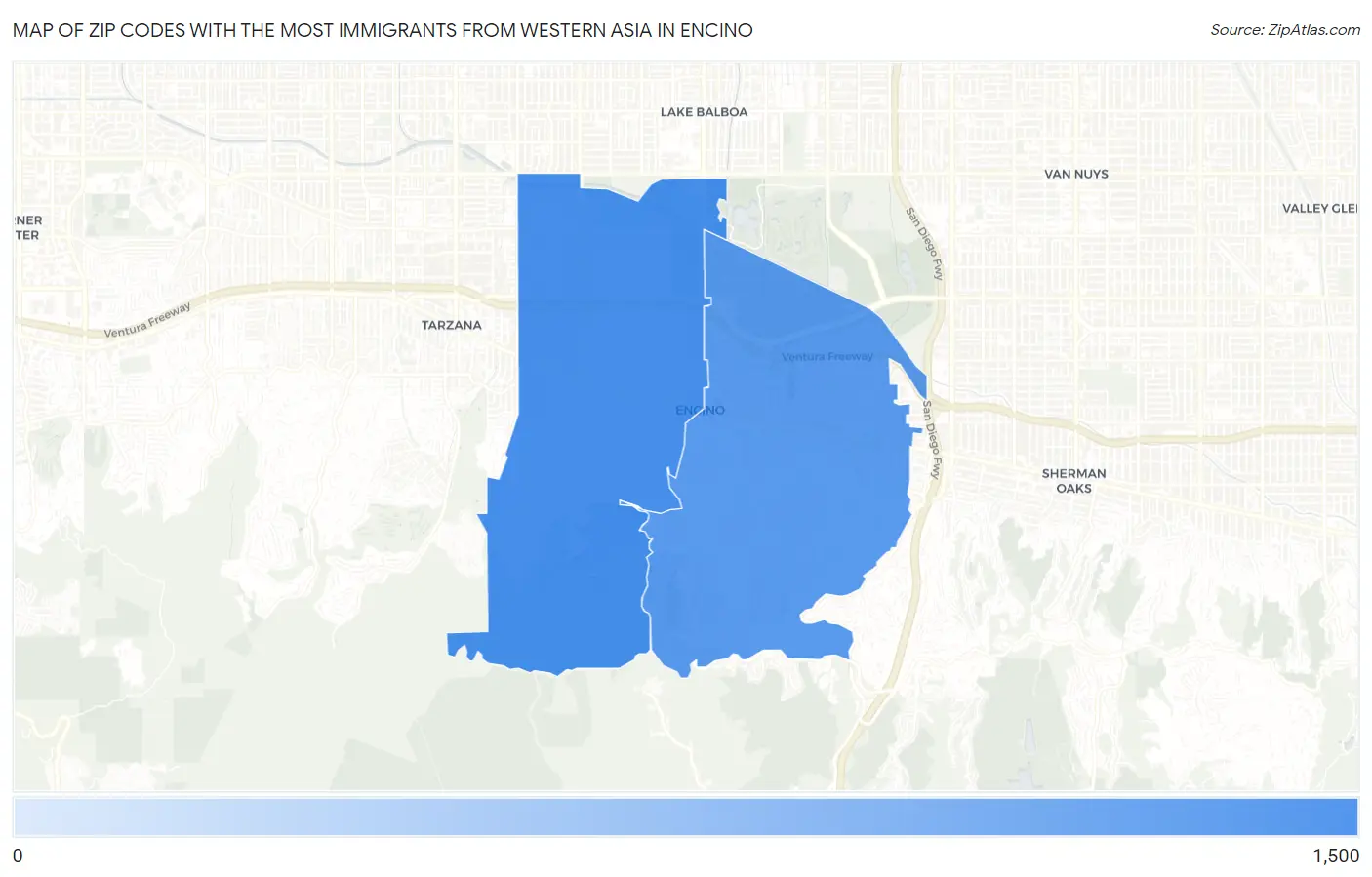 Zip Codes with the Most Immigrants from Western Asia in Encino Map
