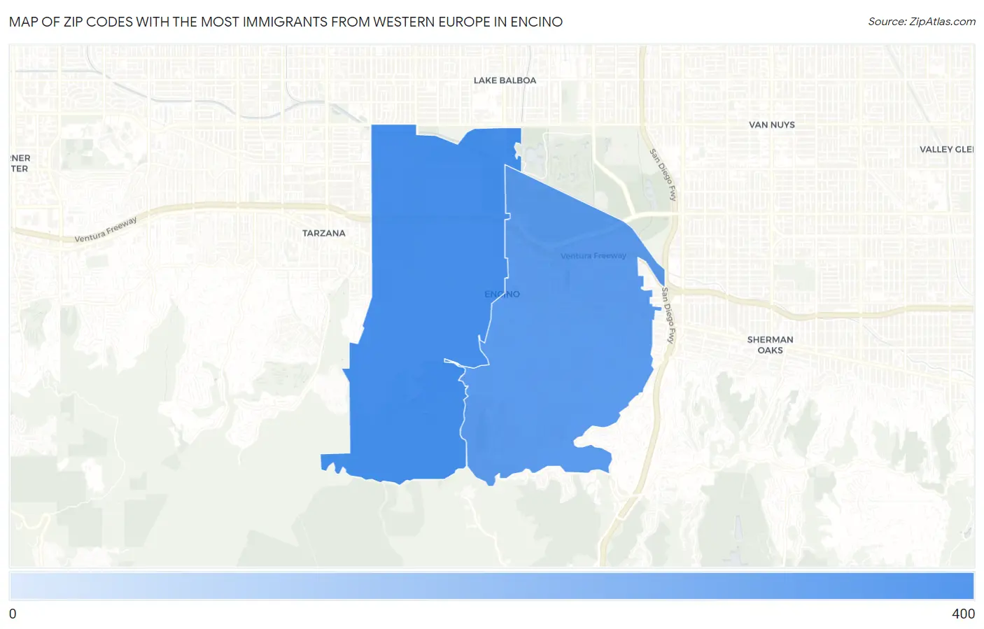 Zip Codes with the Most Immigrants from Western Europe in Encino Map