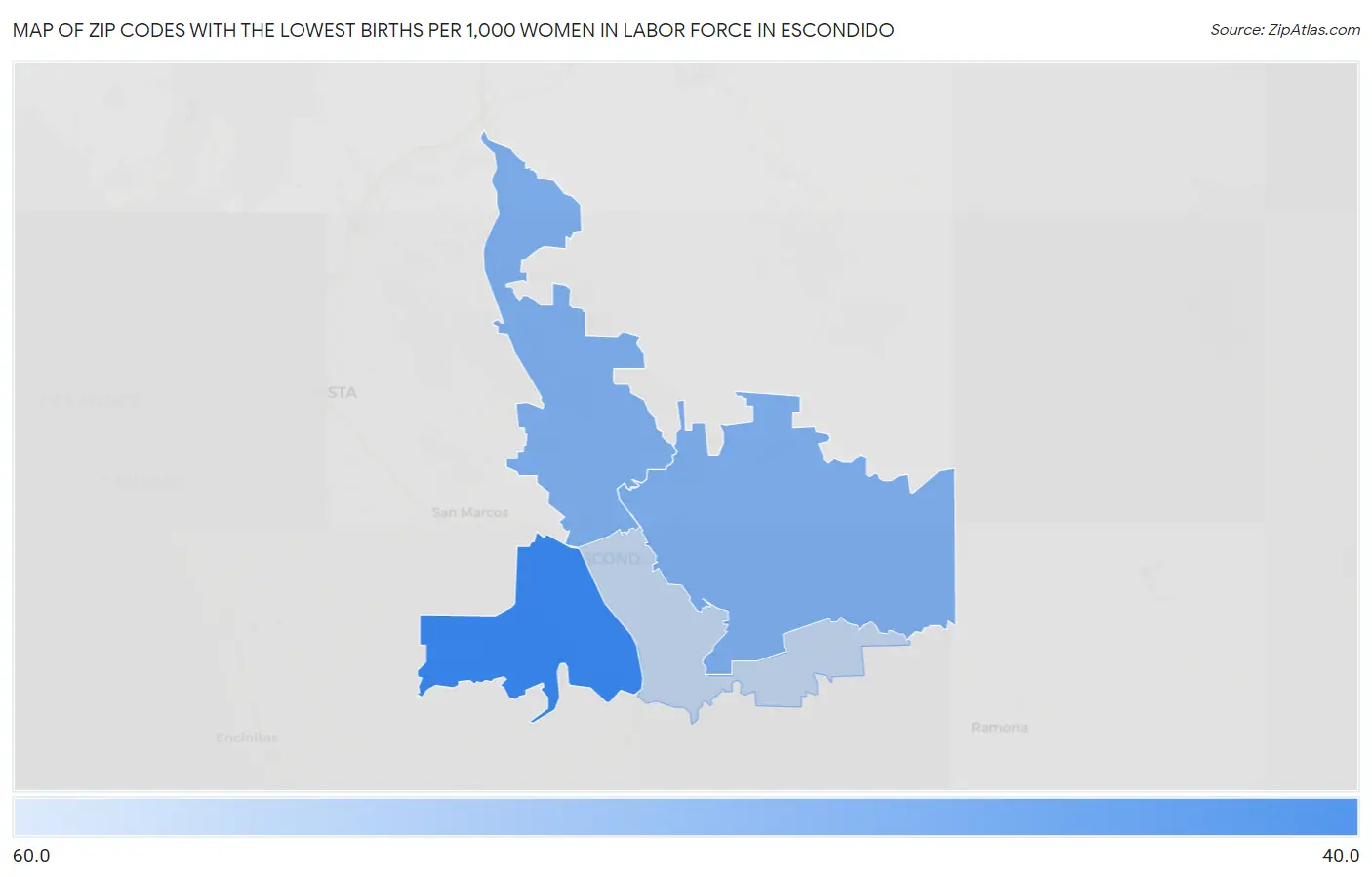 Zip Codes with the Lowest Births per 1,000 Women in Labor Force in Escondido Map