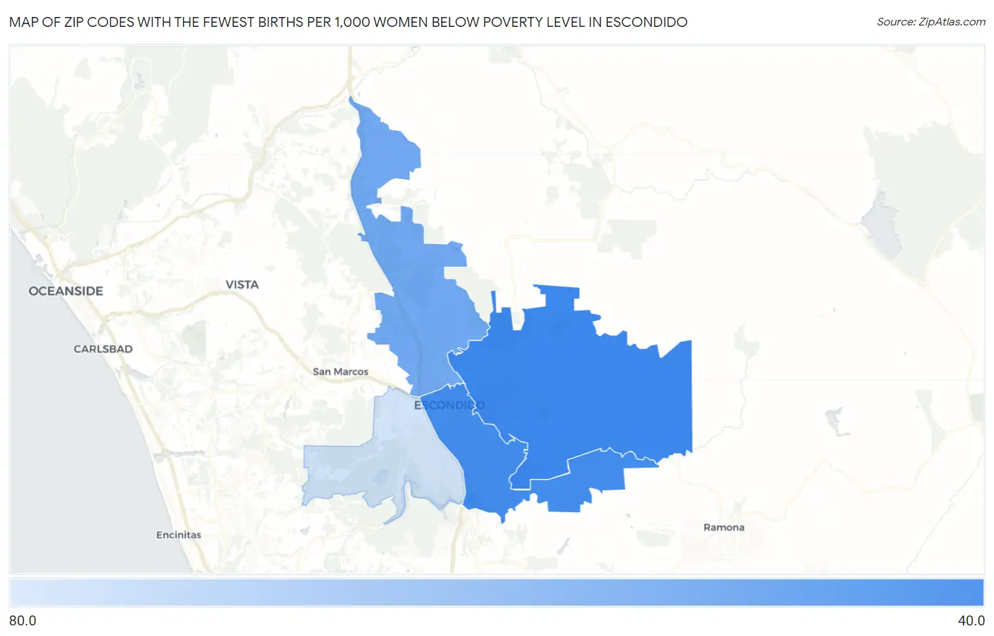 Zip Codes with the Fewest Births per 1,000 Women Below Poverty Level in Escondido Map