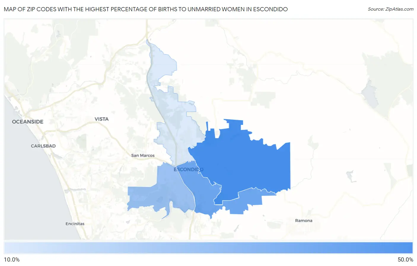 Zip Codes with the Highest Percentage of Births to Unmarried Women in Escondido Map