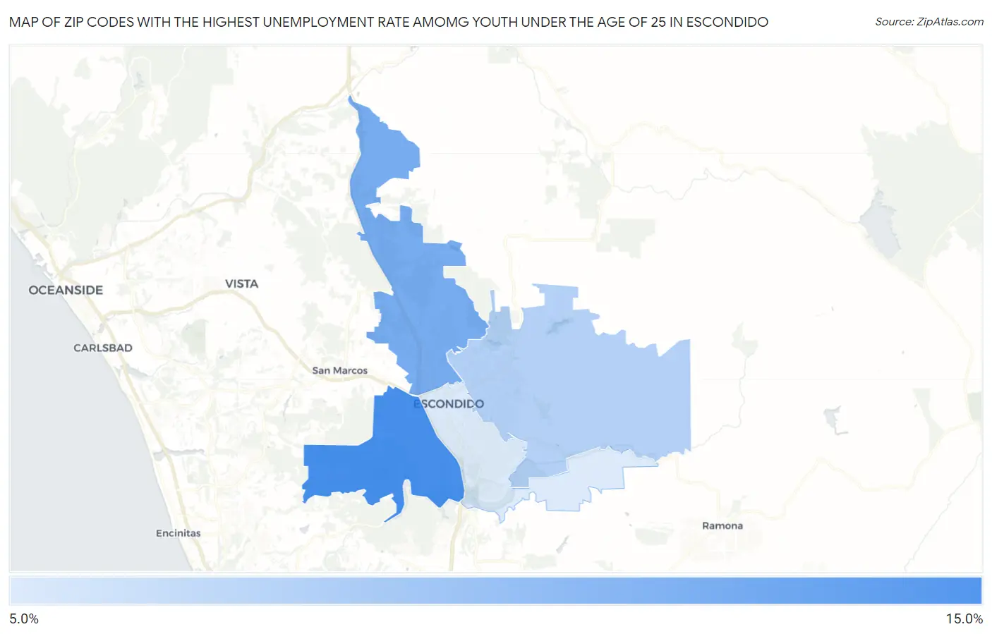 Zip Codes with the Highest Unemployment Rate Amomg Youth Under the Age of 25 in Escondido Map