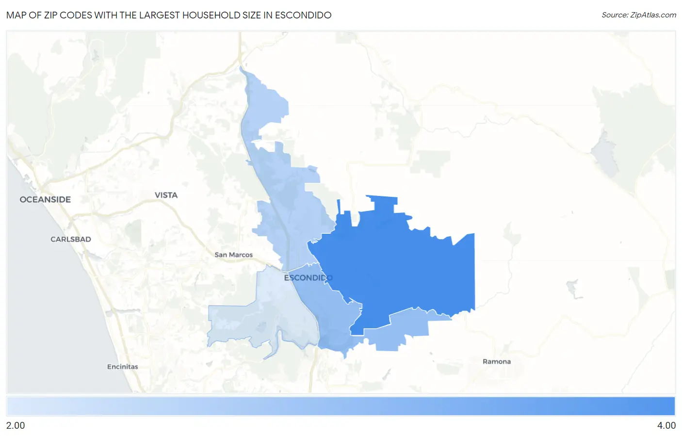 Zip Codes with the Largest Household Size in Escondido Map