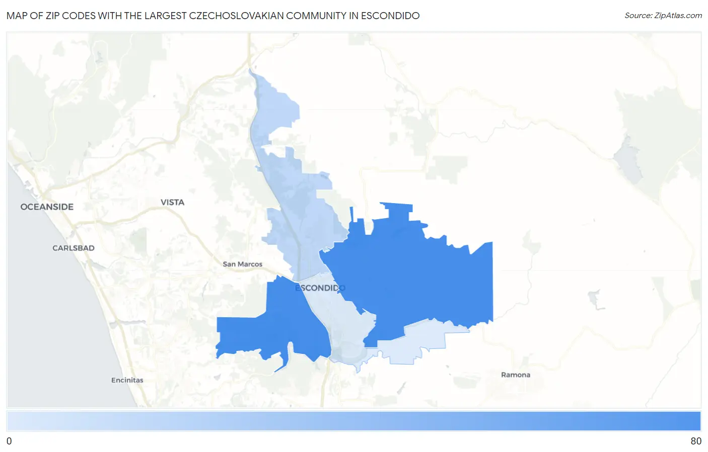 Zip Codes with the Largest Czechoslovakian Community in Escondido Map