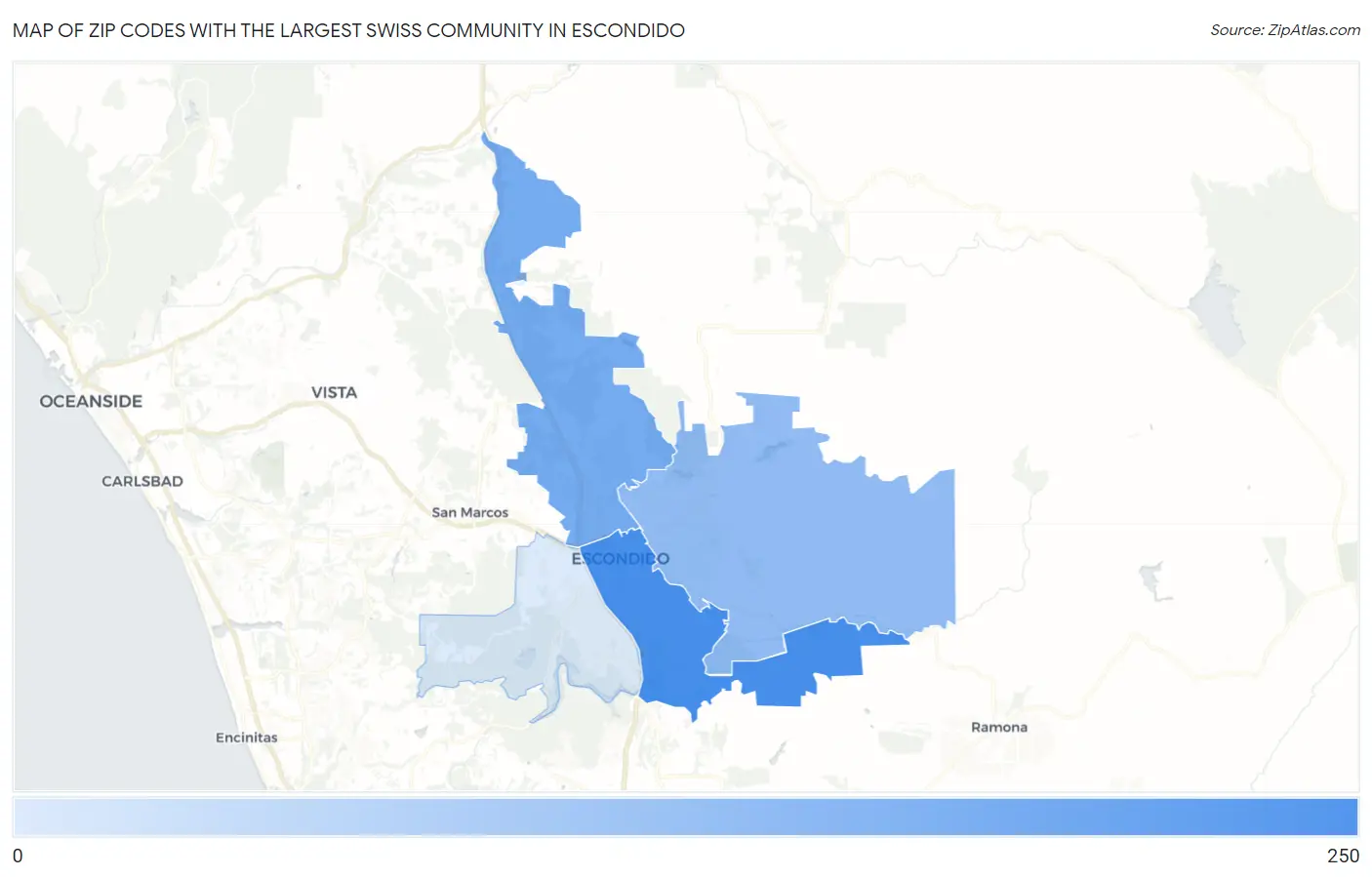 Zip Codes with the Largest Swiss Community in Escondido Map