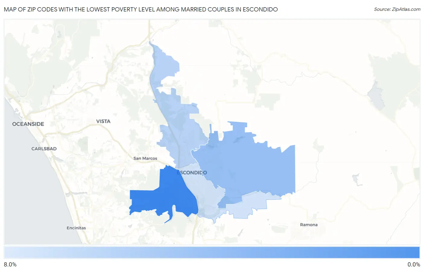 Zip Codes with the Lowest Poverty Level Among Married Couples in Escondido Map