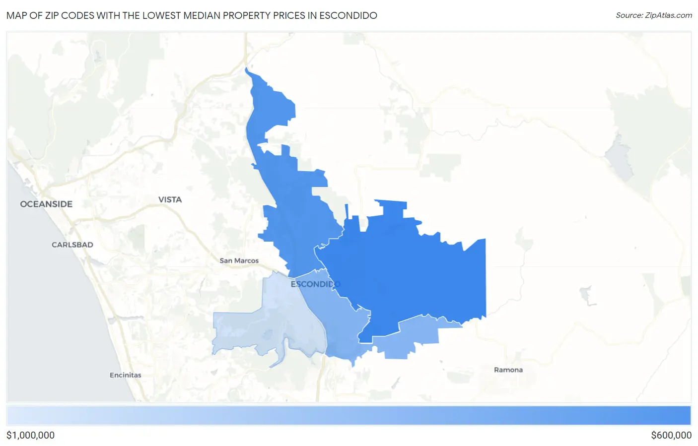 Zip Codes with the Lowest Median Property Prices in Escondido Map