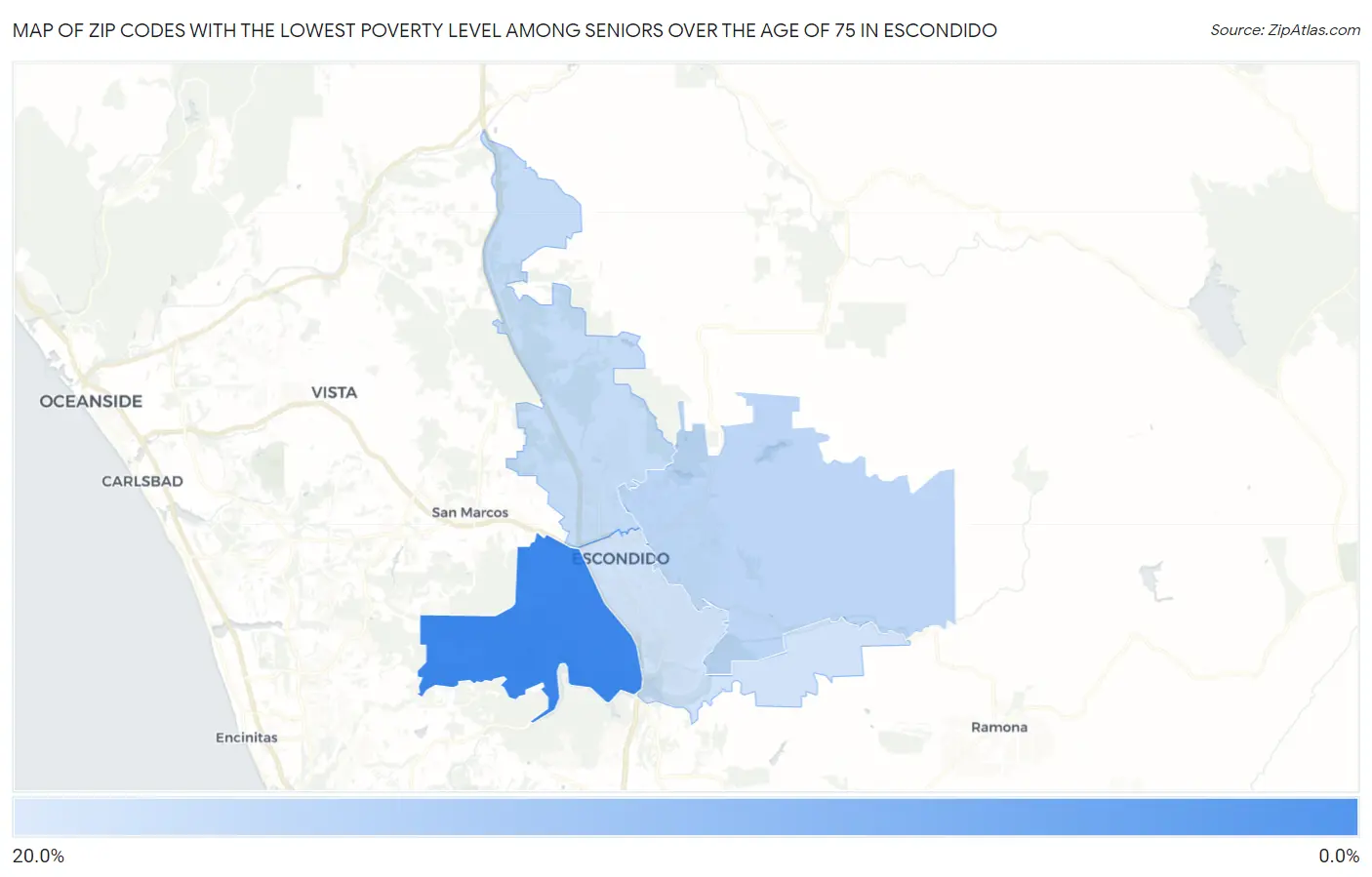 Zip Codes with the Lowest Poverty Level Among Seniors Over the Age of 75 in Escondido Map