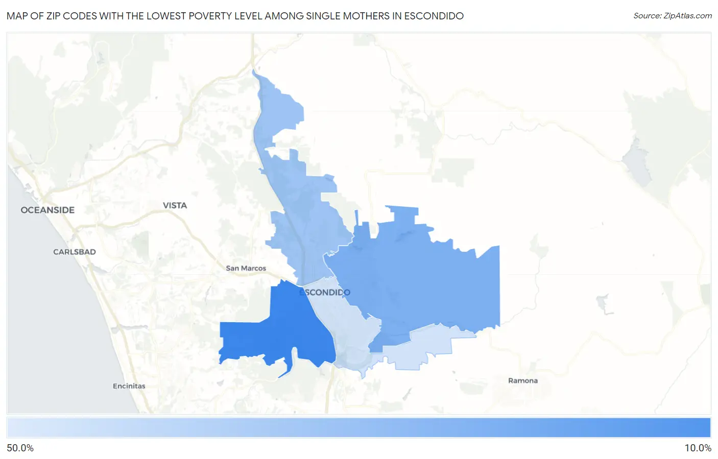 Zip Codes with the Lowest Poverty Level Among Single Mothers in Escondido Map