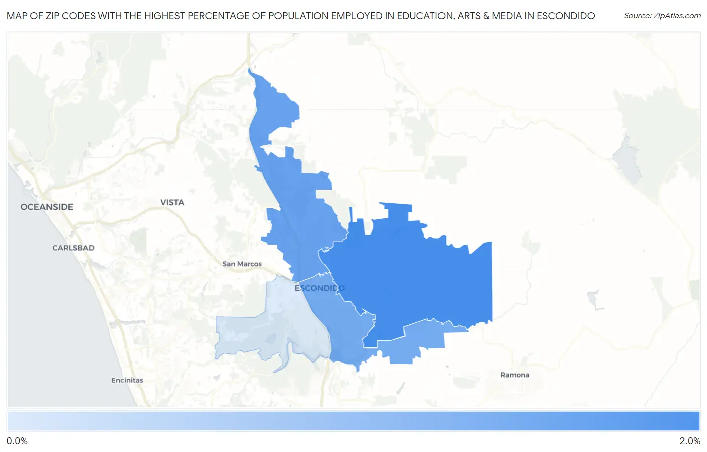 Zip Codes with the Highest Percentage of Population Employed in Education, Arts & Media in Escondido Map