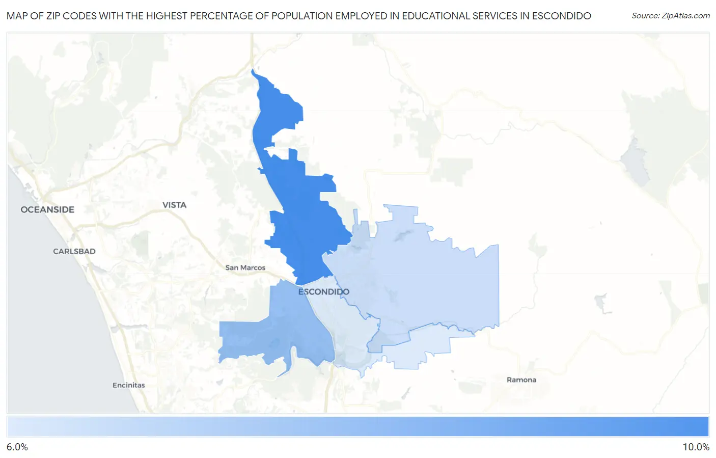 Zip Codes with the Highest Percentage of Population Employed in Educational Services in Escondido Map