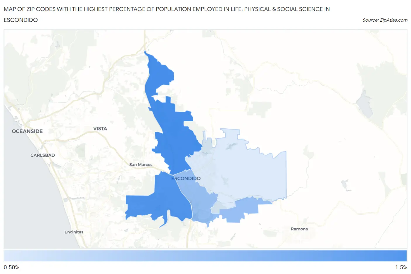 Zip Codes with the Highest Percentage of Population Employed in Life, Physical & Social Science in Escondido Map