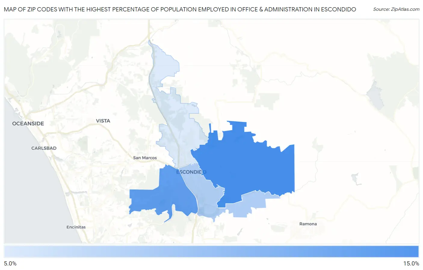 Zip Codes with the Highest Percentage of Population Employed in Office & Administration in Escondido Map