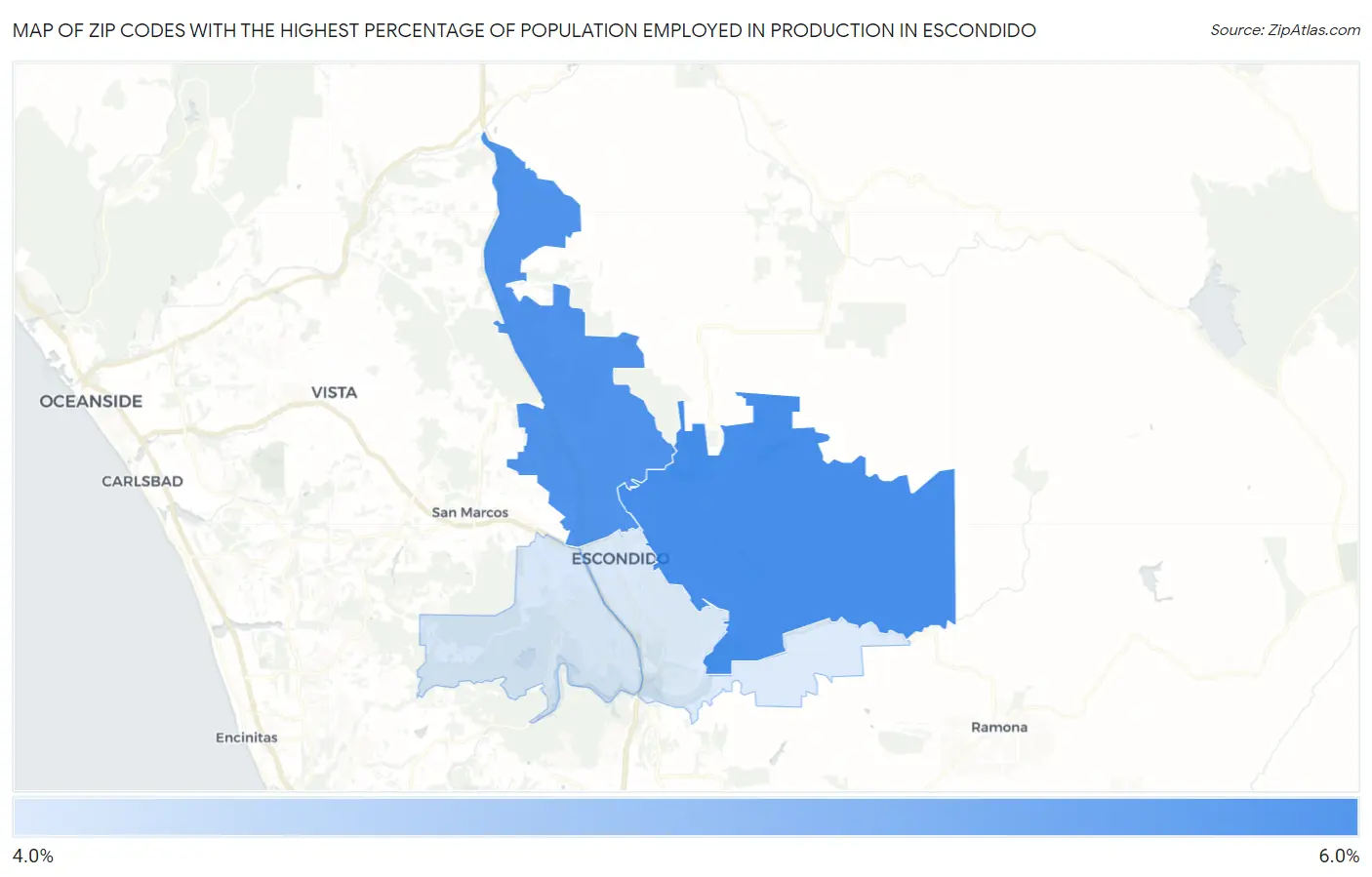 Zip Codes with the Highest Percentage of Population Employed in Production in Escondido Map