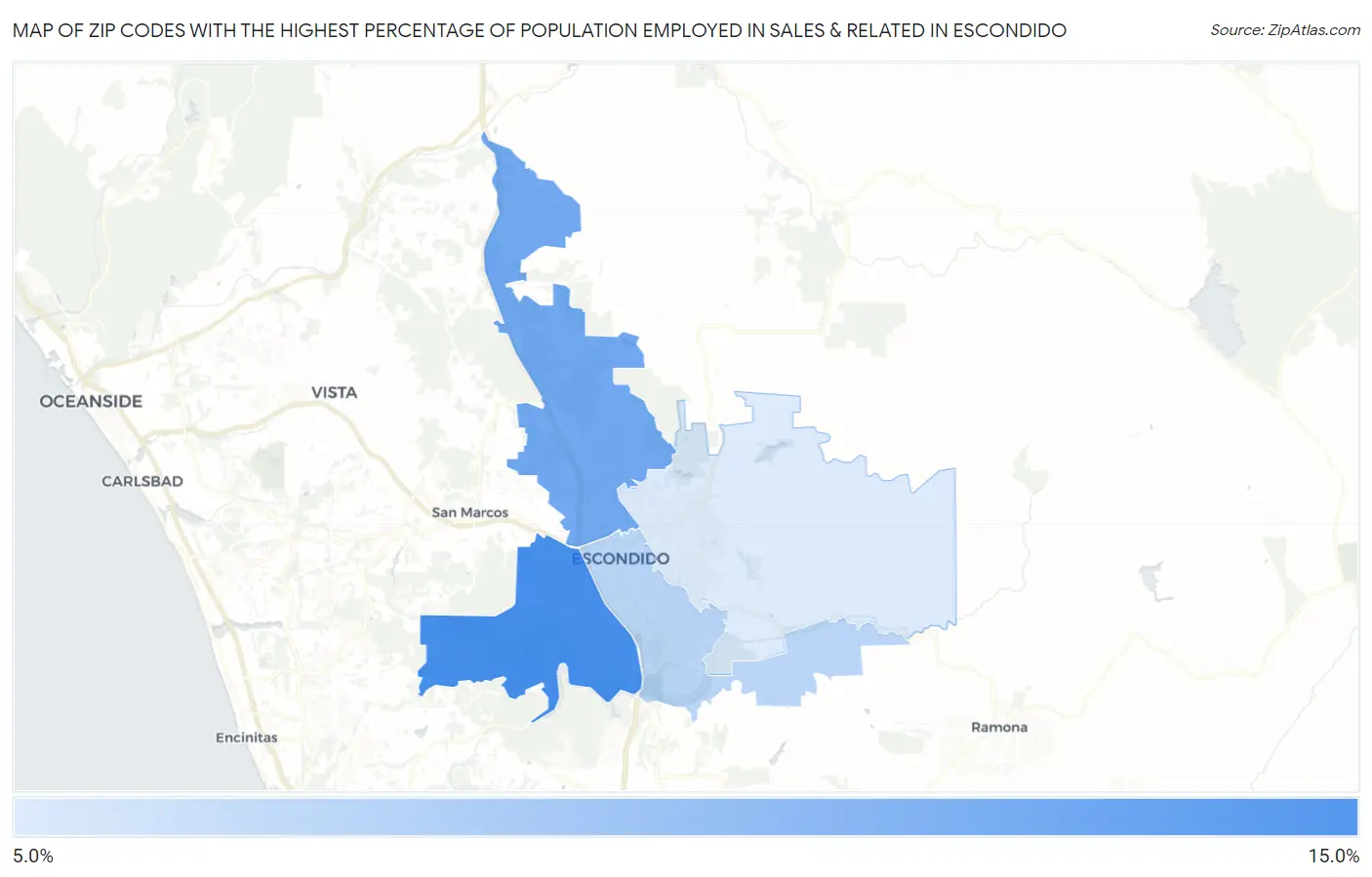 Zip Codes with the Highest Percentage of Population Employed in Sales & Related in Escondido Map