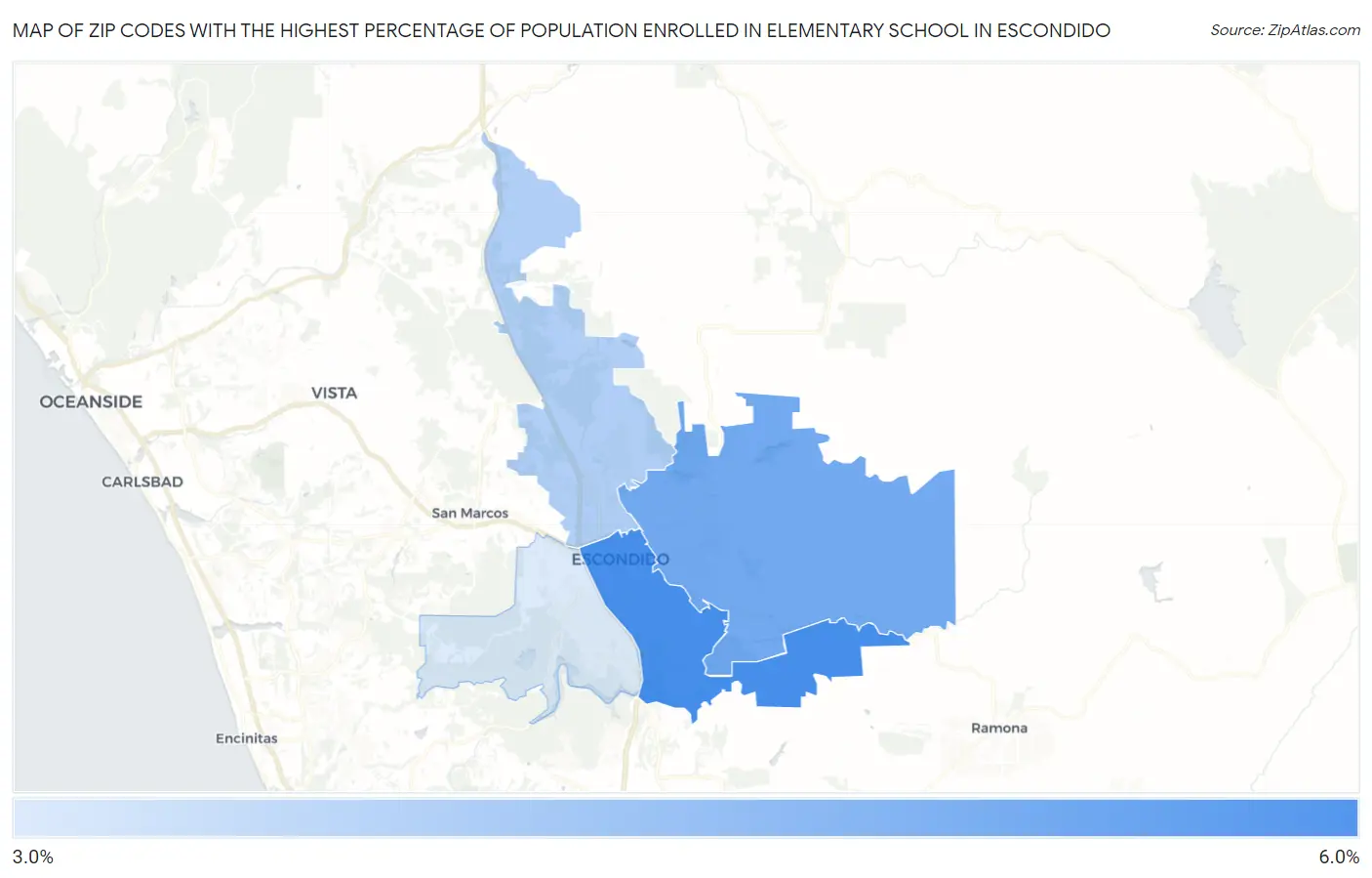 Zip Codes with the Highest Percentage of Population Enrolled in Elementary School in Escondido Map