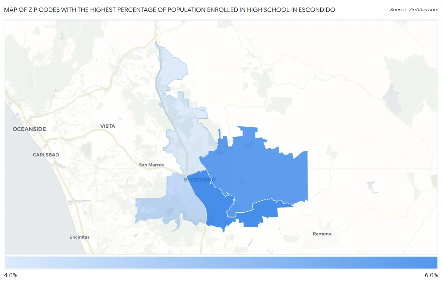 Zip Codes with the Highest Percentage of Population Enrolled in High School in Escondido Map