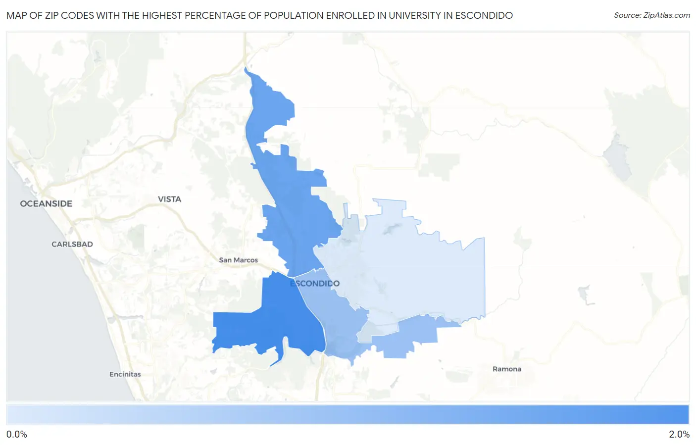 Zip Codes with the Highest Percentage of Population Enrolled in University in Escondido Map