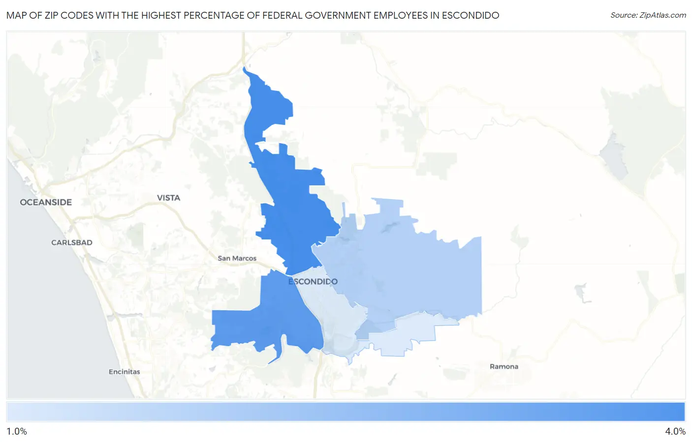Zip Codes with the Highest Percentage of Federal Government Employees in Escondido Map