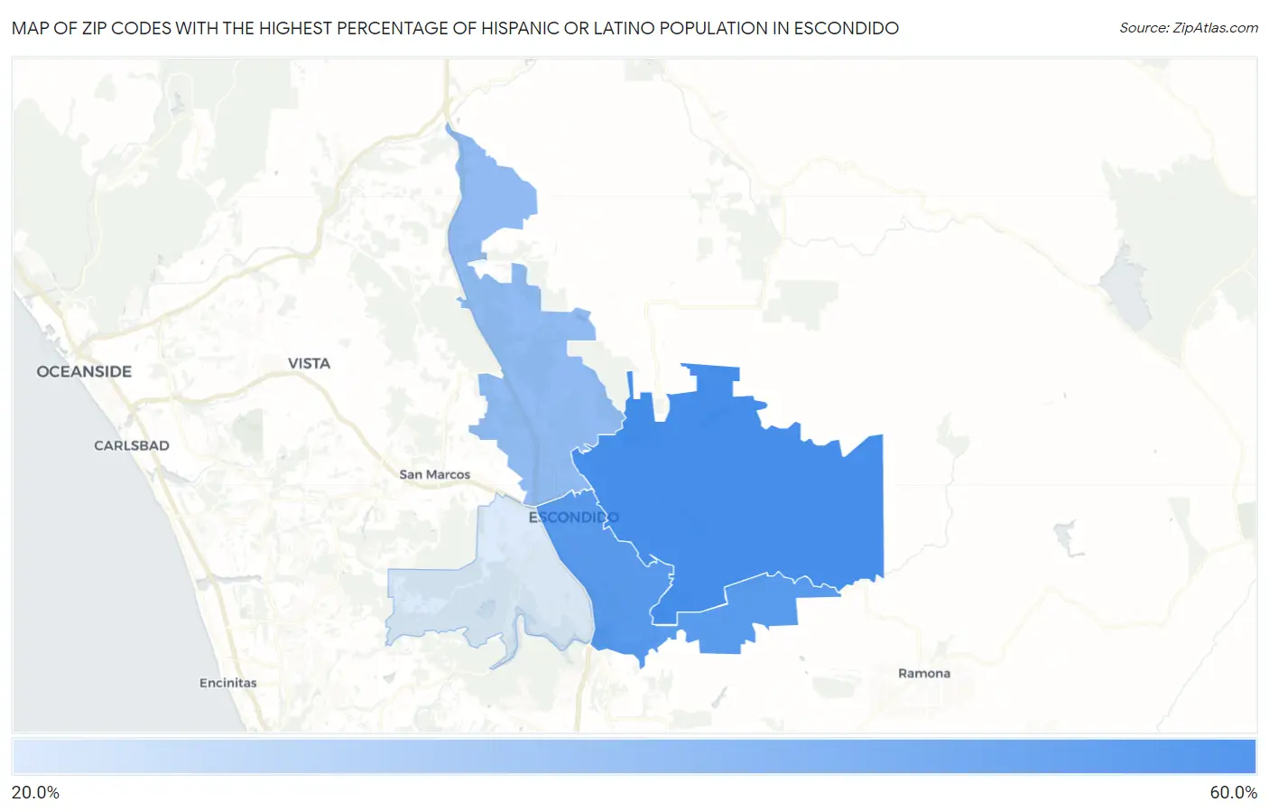 Zip Codes with the Highest Percentage of Hispanic or Latino Population in Escondido Map