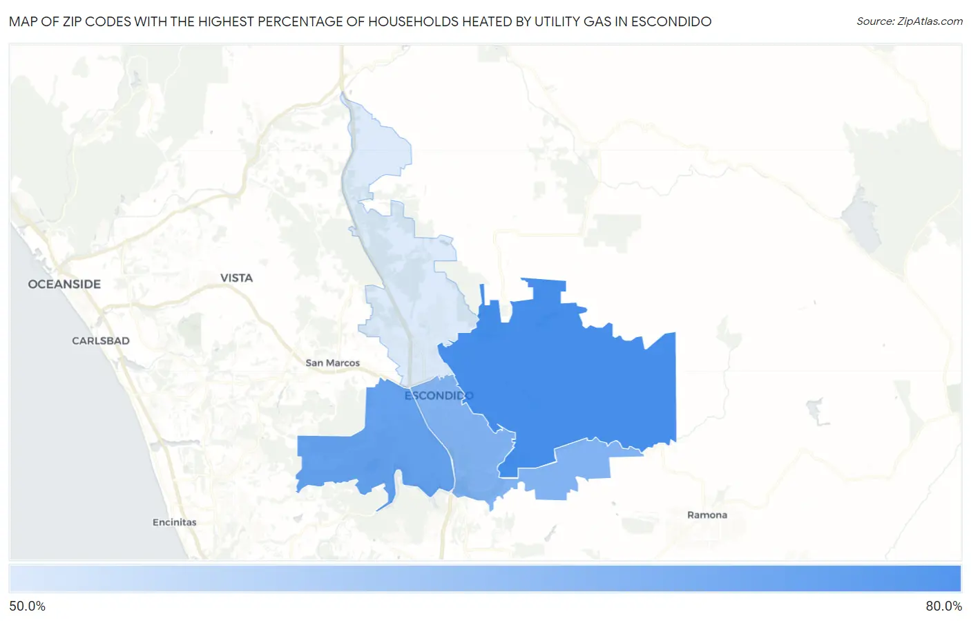 Zip Codes with the Highest Percentage of Households Heated by Utility Gas in Escondido Map