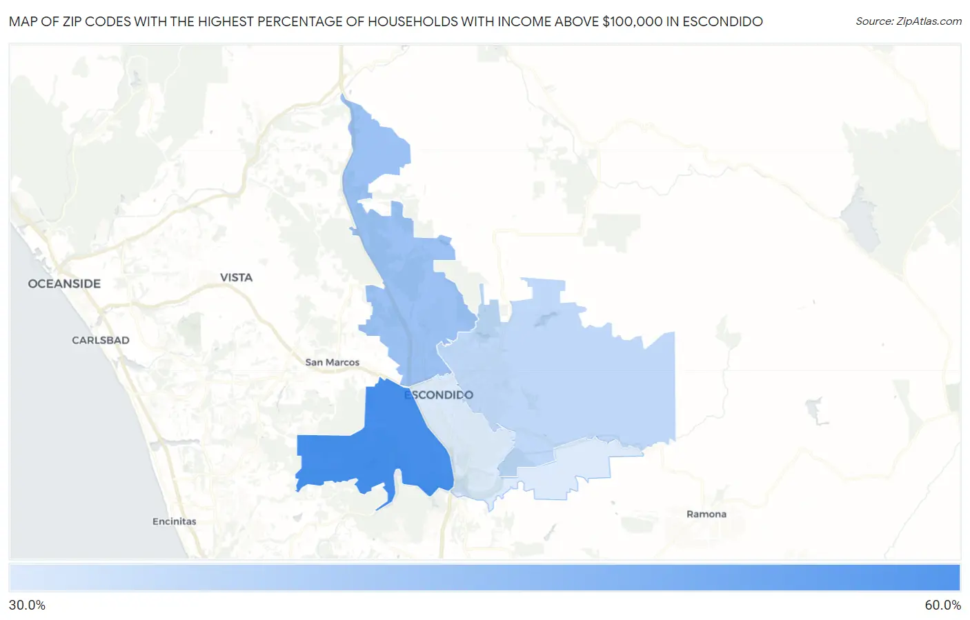 Zip Codes with the Highest Percentage of Households with Income Above $100,000 in Escondido Map