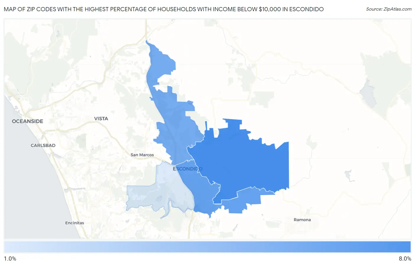 Zip Codes with the Highest Percentage of Households with Income Below $10,000 in Escondido Map