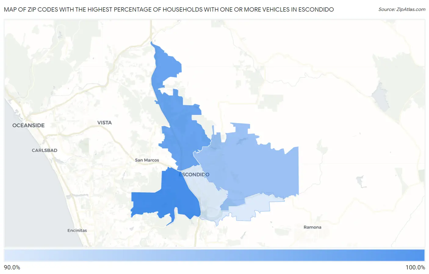 Zip Codes with the Highest Percentage of Households With One or more Vehicles in Escondido Map