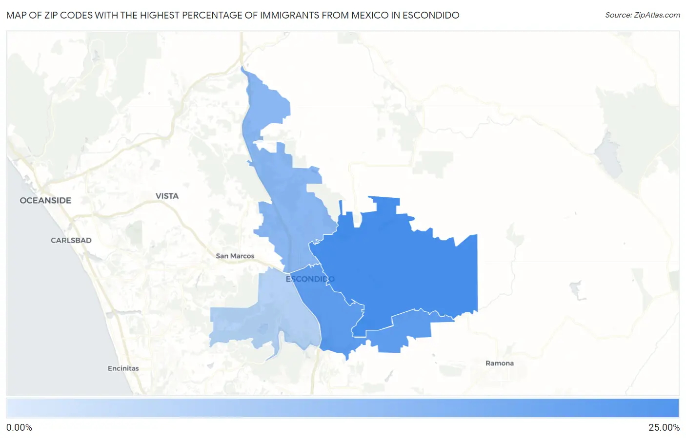 Zip Codes with the Highest Percentage of Immigrants from Mexico in Escondido Map