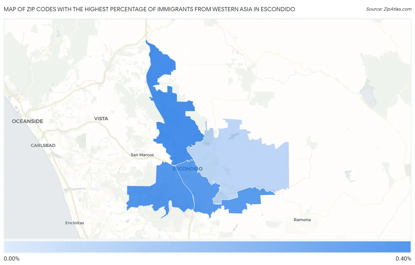 Zip Codes with the Highest Percentage of Immigrants from Western Asia in Escondido Map