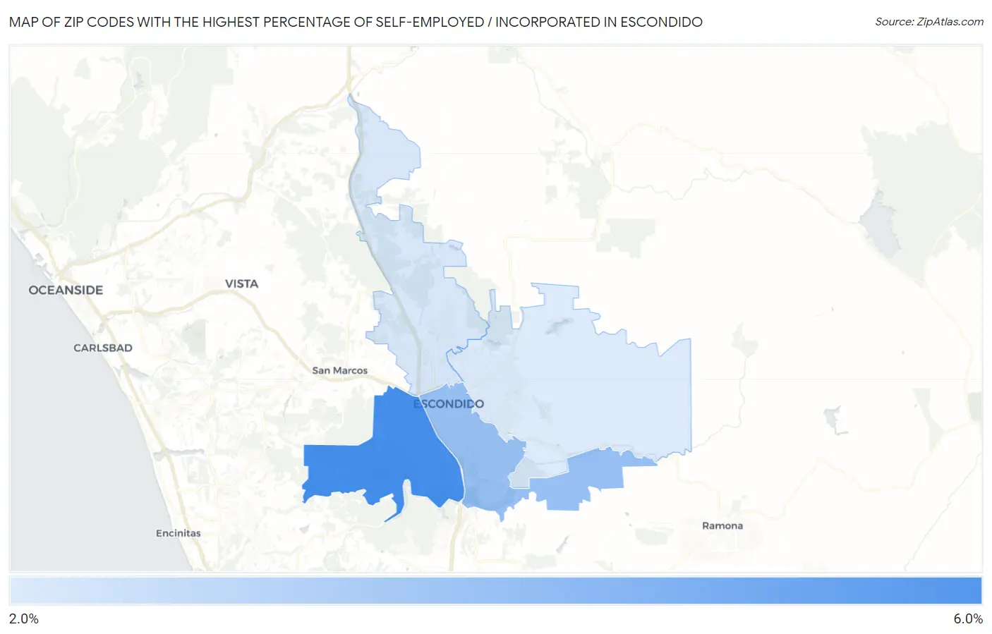 Zip Codes with the Highest Percentage of Self-Employed / Incorporated in Escondido Map