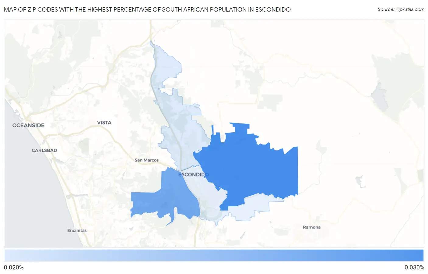 Zip Codes with the Highest Percentage of South African Population in Escondido Map