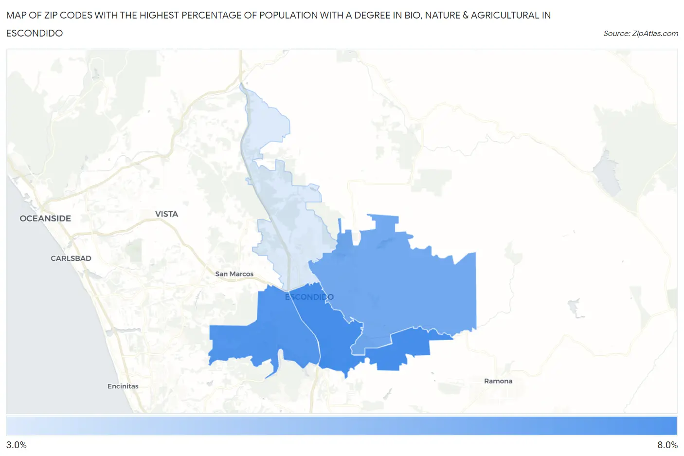Zip Codes with the Highest Percentage of Population with a Degree in Bio, Nature & Agricultural in Escondido Map